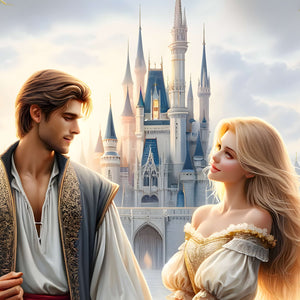Detailed view of ornate fairytale castle spires and arched bridge.