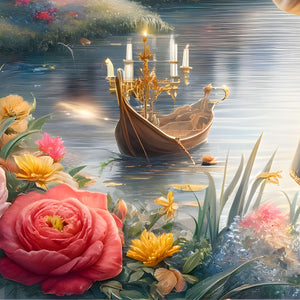 Candlelit boat on a calm lake surrounded by roses and garden flowers.