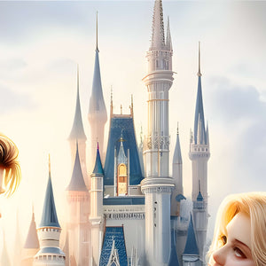 Dramatic close-up of tall castle towers in morning light.