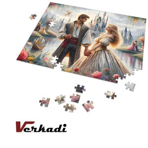 Enchanted Fairytale Romance puzzle in progress with loose pieces on table.