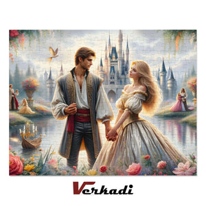 Completed fairytale castle jigsaw showing the romantic couple and garden scene.
