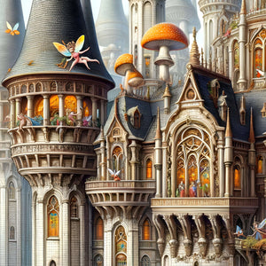 Fairies and ornate balconies with glowing windows—whimsical castle close-up.