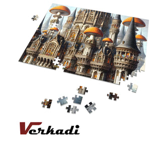 Partially completed Fairyland Mushroom Castle puzzle with loose pieces.