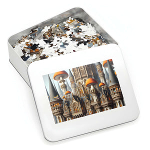 Puzzle pieces in premium metal tin with Fairyland Mushroom Castle image on lid.