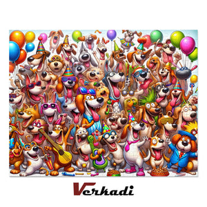 Completed Barking Bash Dogs Joyful Jamboree puzzle flat-lay with Verkadi logo.