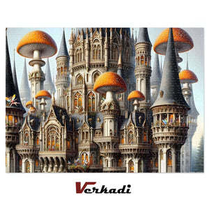 Completed Fairyland Mushroom Castle jigsaw puzzle flat-lay with Verkadi branding.