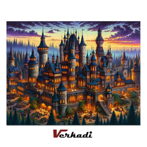 Completed castle puzzle flat-lay with Verkadi branding.