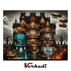 Completed Victorian steampunk haunted manor jigsaw puzzle front view