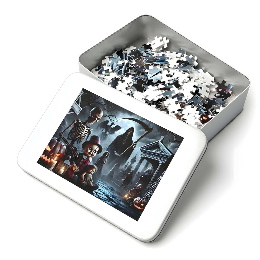 Haunted graveyard jigsaw puzzle with grim reaper, skeletons and pumpkins