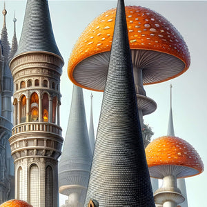 Close-up of orange mushroom cap beside slate-gray castle spires—fantasy detail.
