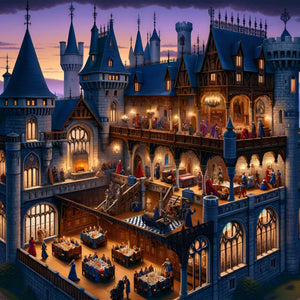 Gothic castle at dusk with nobles dining and torchlit halls – main scene of medieval fantasy jigsaw puzzle