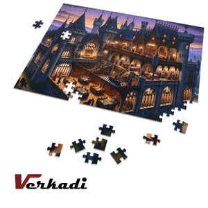 Puzzle in progress showing Gothic Castle Banquet scene with loose pieces on table