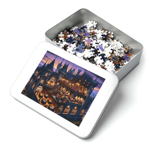 Puzzle tin with scattered pieces showing the Gothic Castle Banquet at Dusk artwork