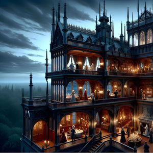 Exterior view of spired towers and moonlit sky from the mansion puzzle art