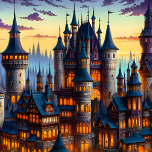 Close-up of illuminated turrets showing fine architectural detail.