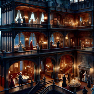 Close-up of richly detailed library and parlor rooms inside the mansion puzzle