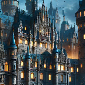Gothic spires and glowing windows – intricate architecture details.