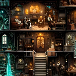 Detailed rooms with workshop, library and staircase in gothic manor