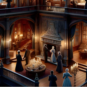 Grand hall with ornate fireplace and candelabras—Victorian puzzle close-up