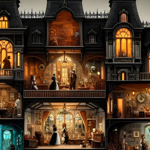 Close-up of grand parlor and ballroom scenes with chandeliers