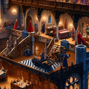 Grand staircase, chessboard floor, and courtyard characters in the gothic castle puzzle