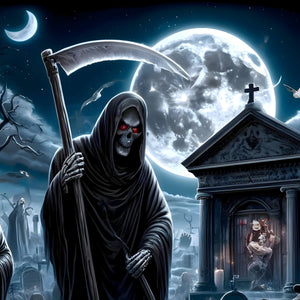 Grim Reaper by mausoleum under bright full moon from spooky puzzle