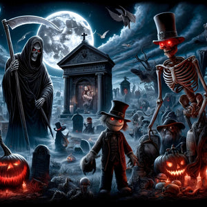 Haunted graveyard jigsaw puzzle with Grim Reaper, skeleton and jack-o’-lanterns under a full moon