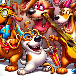Smiling pup with bucket and glasses—whimsical close-up.