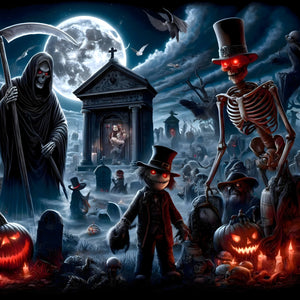 Wide composition of haunted cemetery with reapers and skeletons
