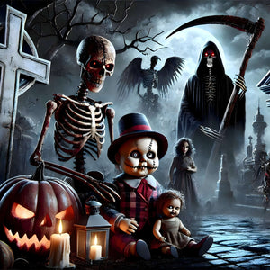 Haunted graveyard jigsaw puzzle with grim reaper, skeletons and pumpkins