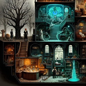 Close-up of alchemy lab and glowing blue portal inside haunted manor