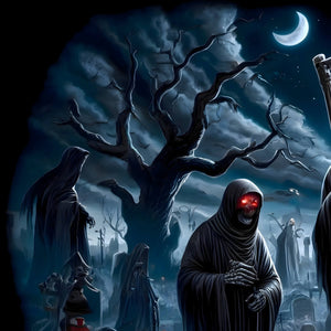 Hooded specter beneath twisted tree and crescent moon detail