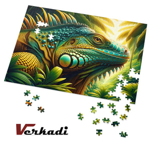 The Iguana’s Gaze jigsaw puzzle in progress with scattered pieces