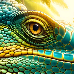 Detailed turquoise and yellow iguana scales texture from the puzzle artwork