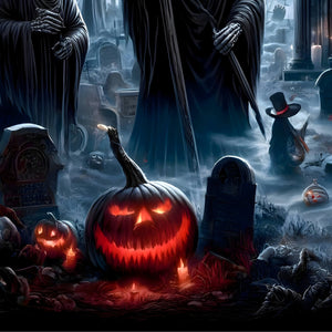 Glowing jack-o’-lanterns and candles detail from Halloween cemetery jigsaw puzzle
