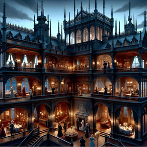 Jigsaw puzzle for adults showing a Victorian Gothic mansion cross-section at dusk