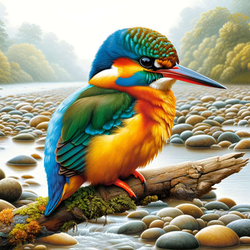 Vibrant kingfisher perched on a log above river stones – 1000-piece bird jigsaw puzzle artwork.
