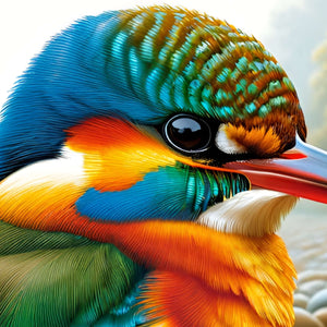 Sharp close-up of kingfisher eye and beak—high-resolution wildlife puzzle art.