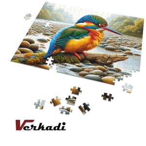 Kingfisher bird jigsaw puzzle partially assembled with scattered pieces.