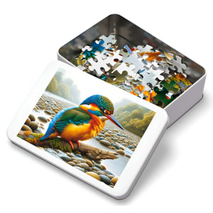 Kingfisher’s Colorful Contemplation puzzle pieces in reusable gift tin with printed lid.