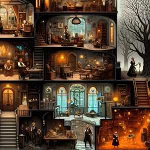 Laboratory, study and library cutaway details of Victorian mansion