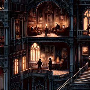 Candlelit library and parlor with figures—high-detail crop.