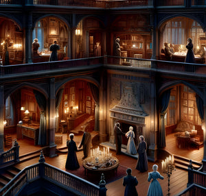 Layered rooms—library, study, and parlor—high-detail puzzle artwork