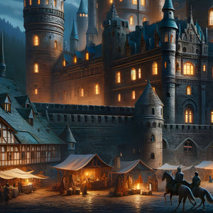 Evening market stalls glowing beside castle walls.