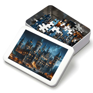 Puzzle pieces inside metal tin featuring castle artwork on the lid.