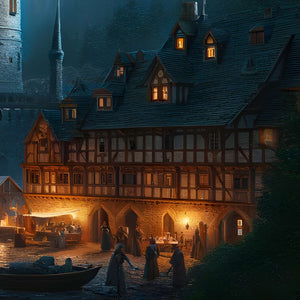 Half-timbered village houses near the castle – atmospheric detail.