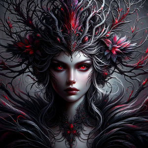 Gothic fantasy art adult jigsaw puzzle featuring crimson-eyed sylph portrait