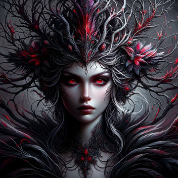 Gothic fantasy art adult jigsaw puzzle featuring crimson-eyed sylph portrait