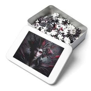 Gift tin and puzzle pieces for Midnight Flora Sylph gothic fantasy jigsaw