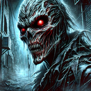 Midnight Marauder puzzle artwork—creature with glowing red eyes in an icy alley, high-detail portrait.